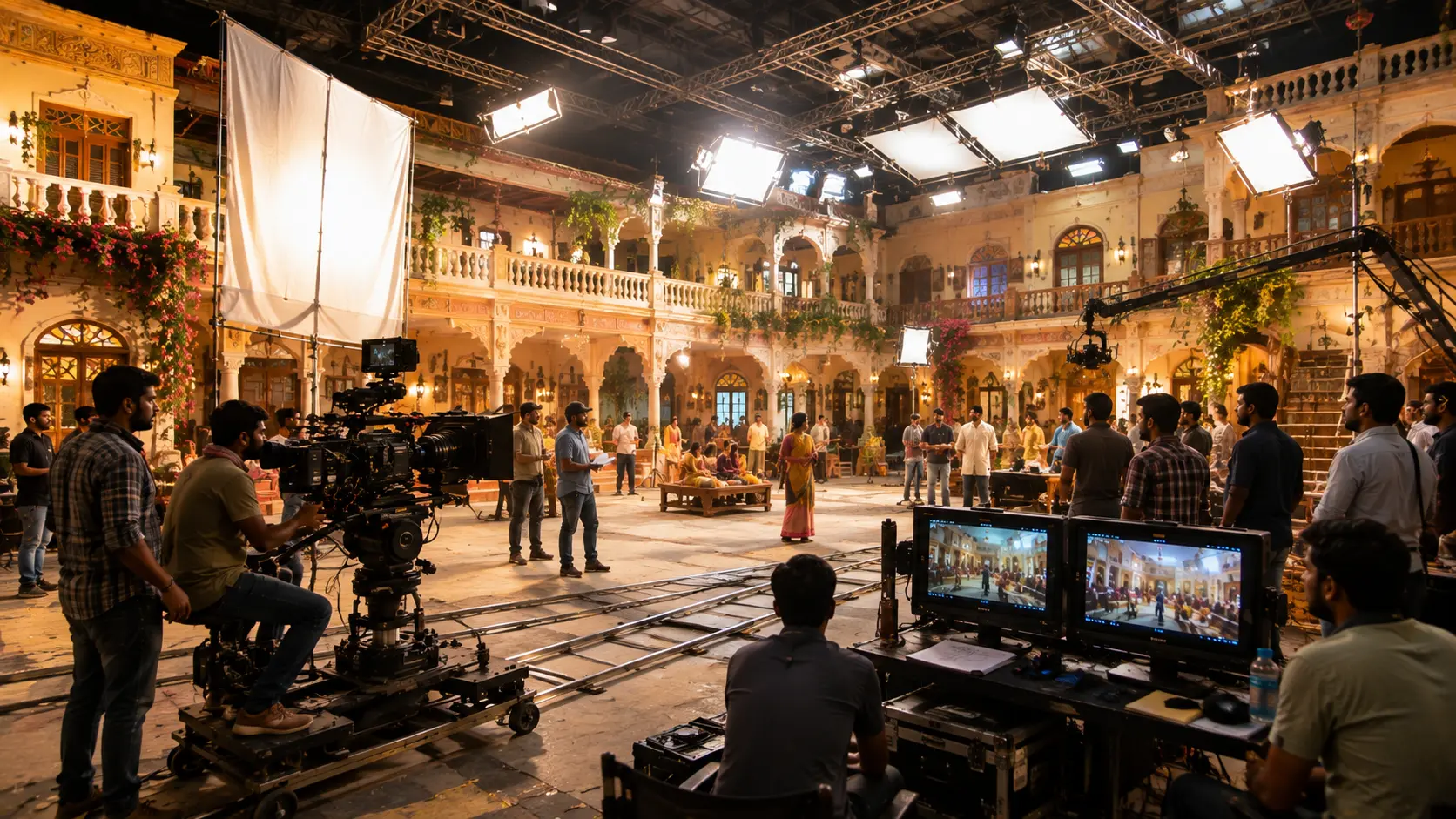 A large-scale Indian film soundstage with camera, lighting, and production crew